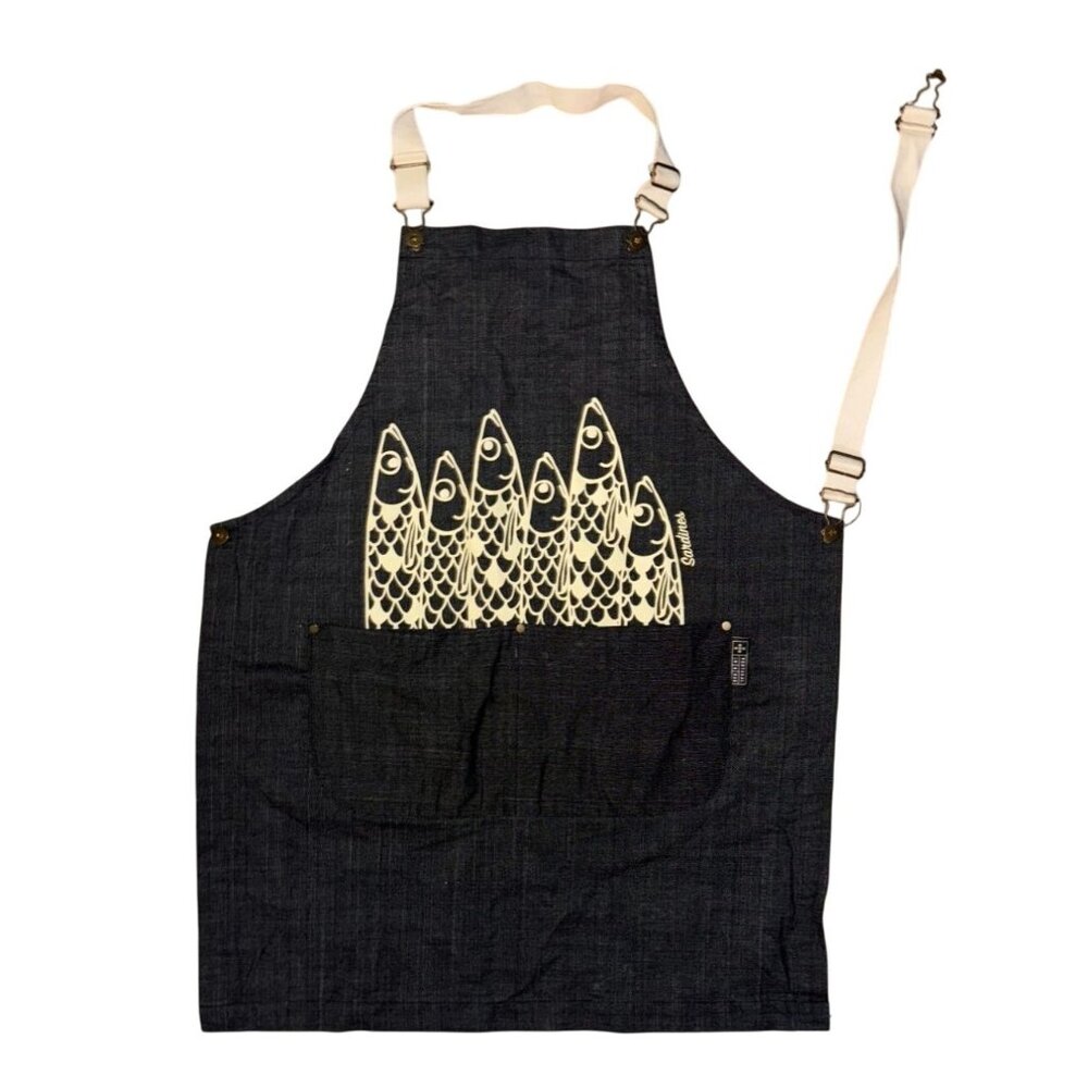 Sardines Fish Print Denim Apron With Adjustable Neck Strap & Large Front Pocket